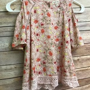 Pink cold shoulder floral top.